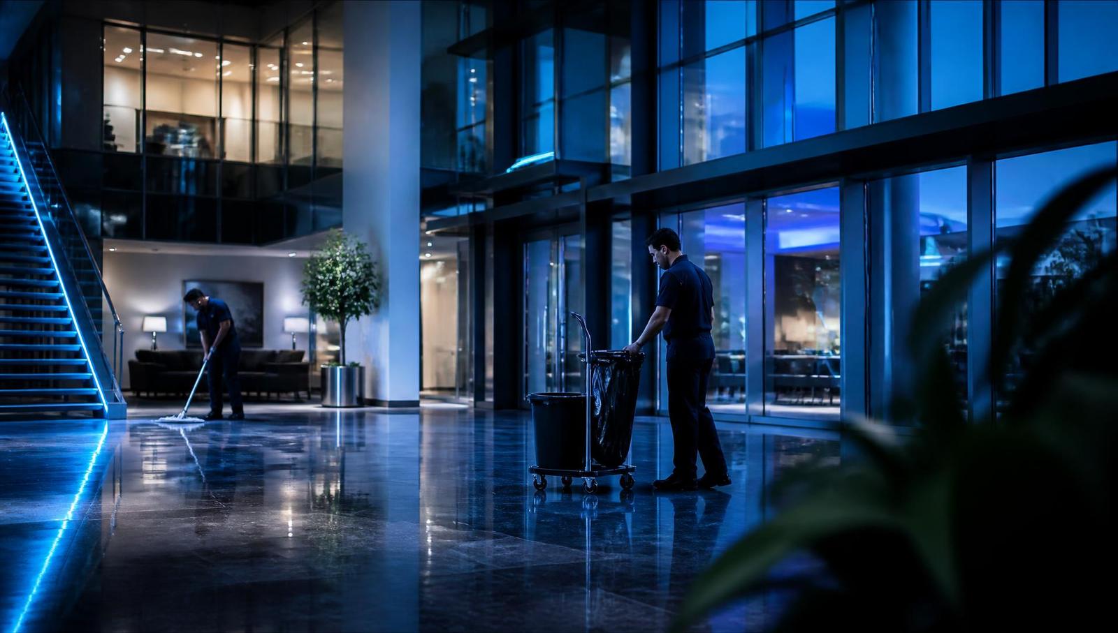 Professional commercial cleaning operatives working in a modern office building